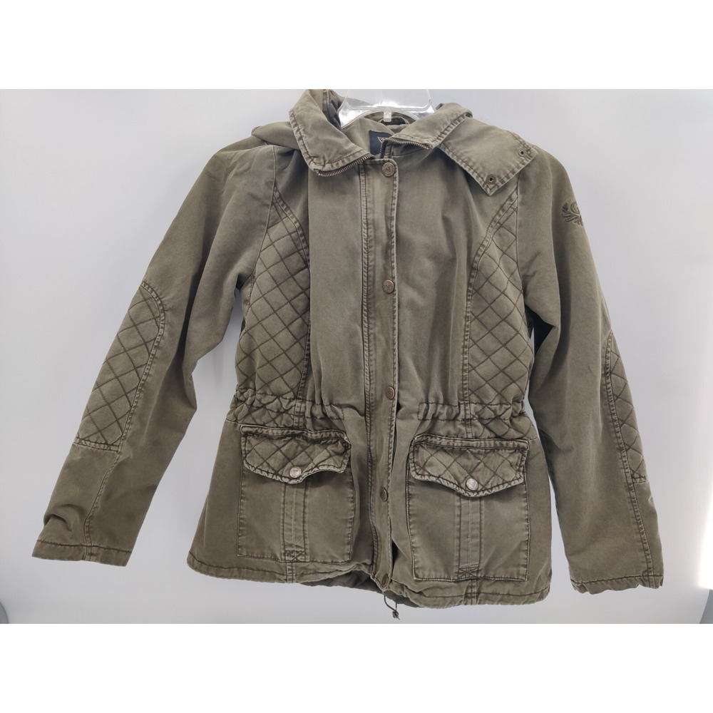 GUESS Womens Los Angeles Olive Green Utility Jacket Quilted Faux Fur Hood XL